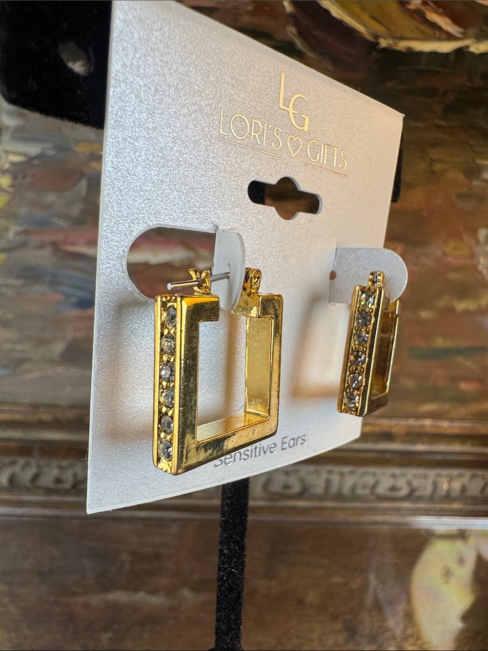 0498-Gold‎ Crystal Rectangular Hoop Earrings